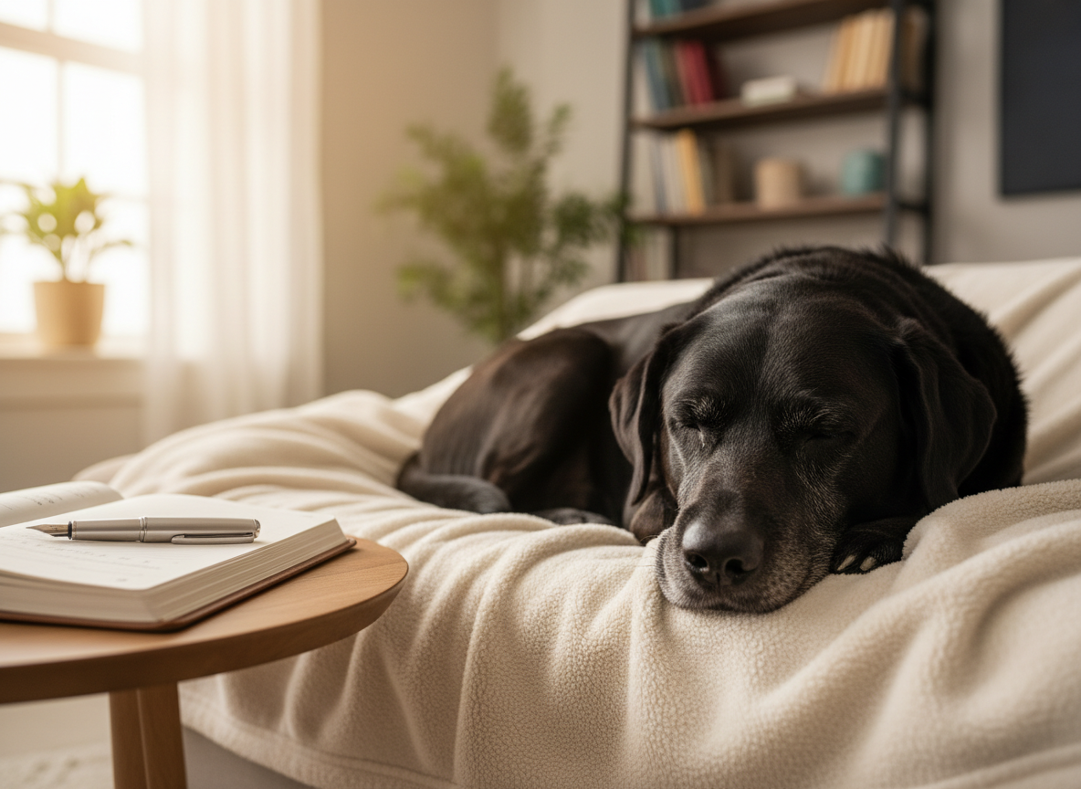 Senior dog resting comfortably at home