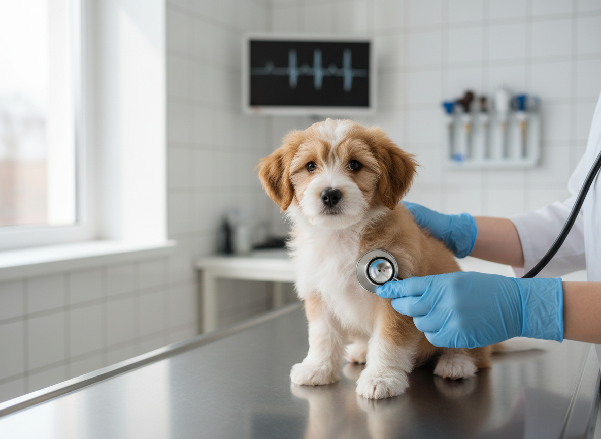 Puppy receiving a wellness check at a veterinary clinic