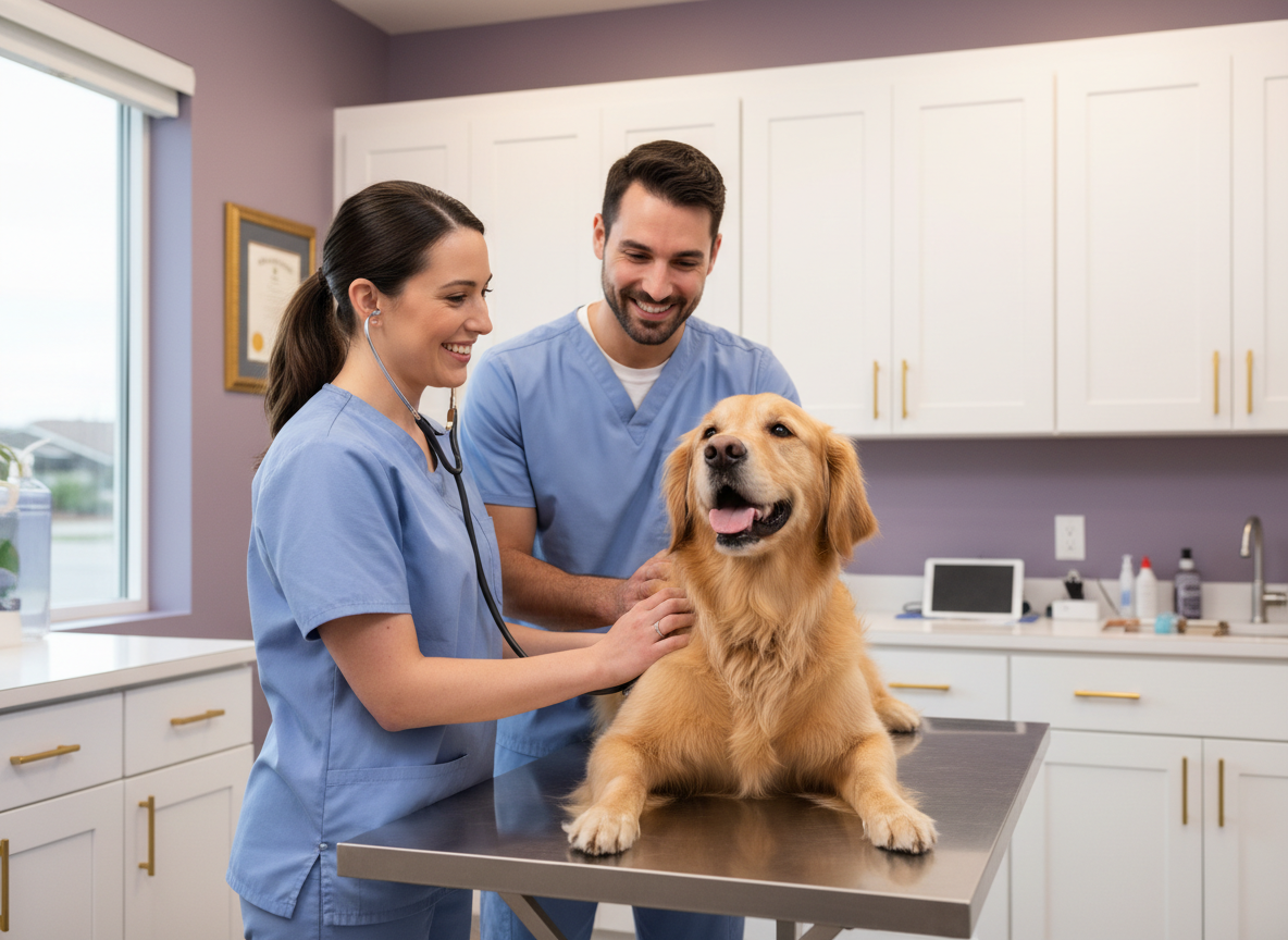 Veterinary team examining a golden retriever