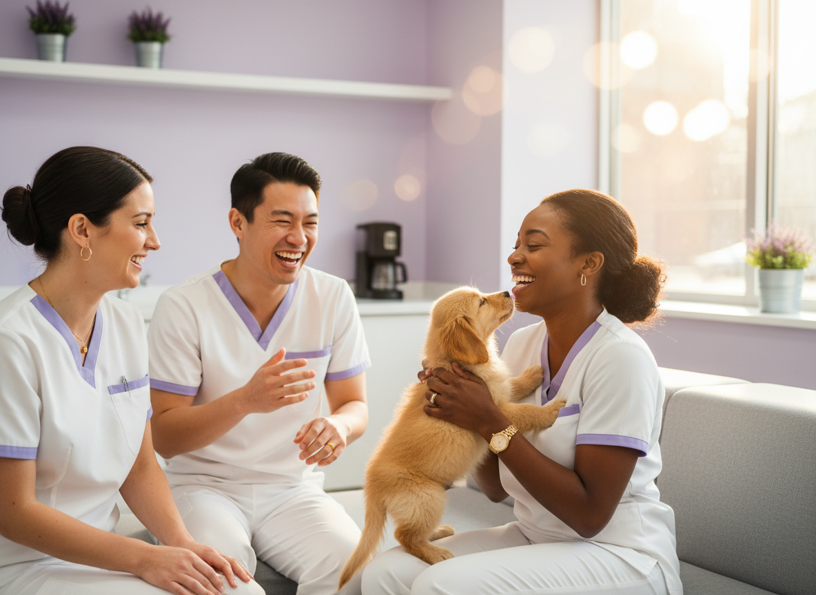 Veterinary team laughing with a puppy