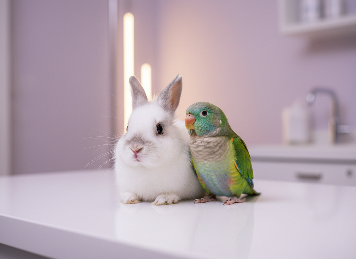 Exotic pets — rabbit and parakeet in a veterinary clinic