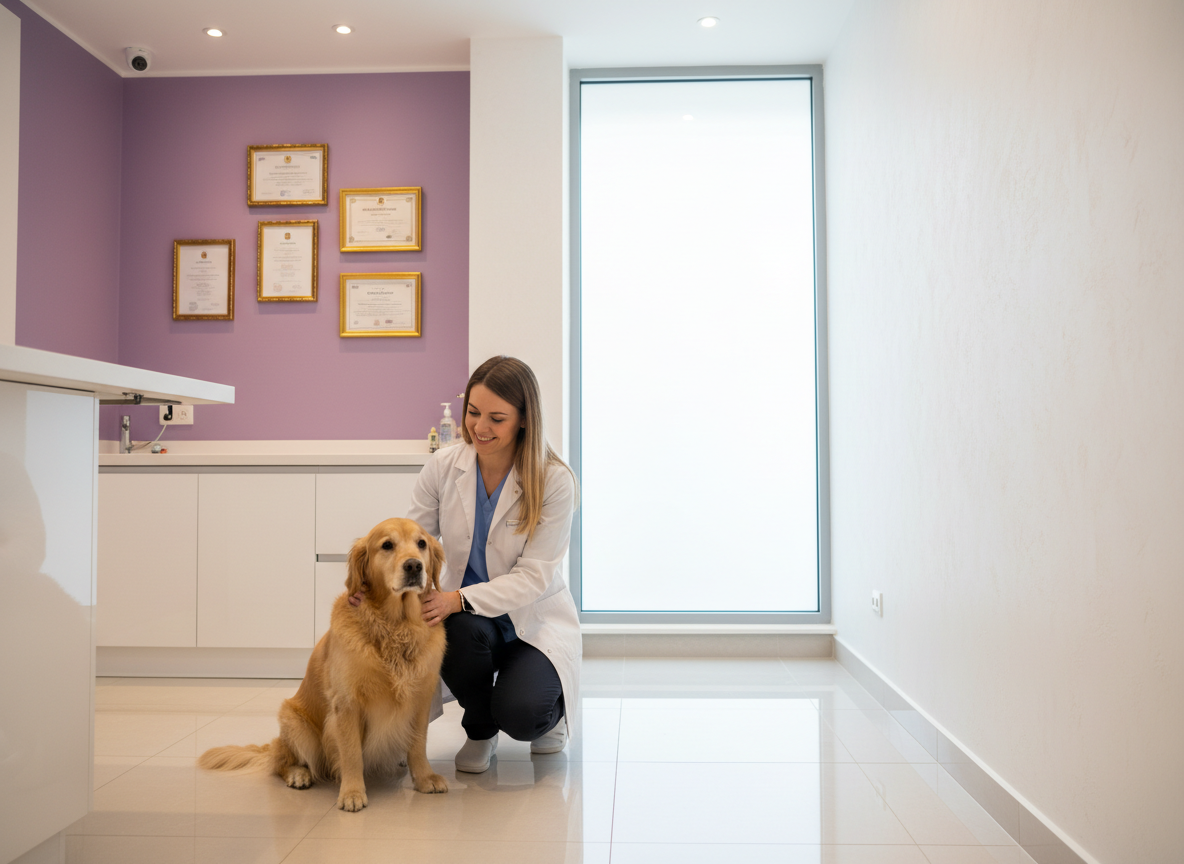 Veterinarian with golden retriever in a clinic with credentials on the wall
